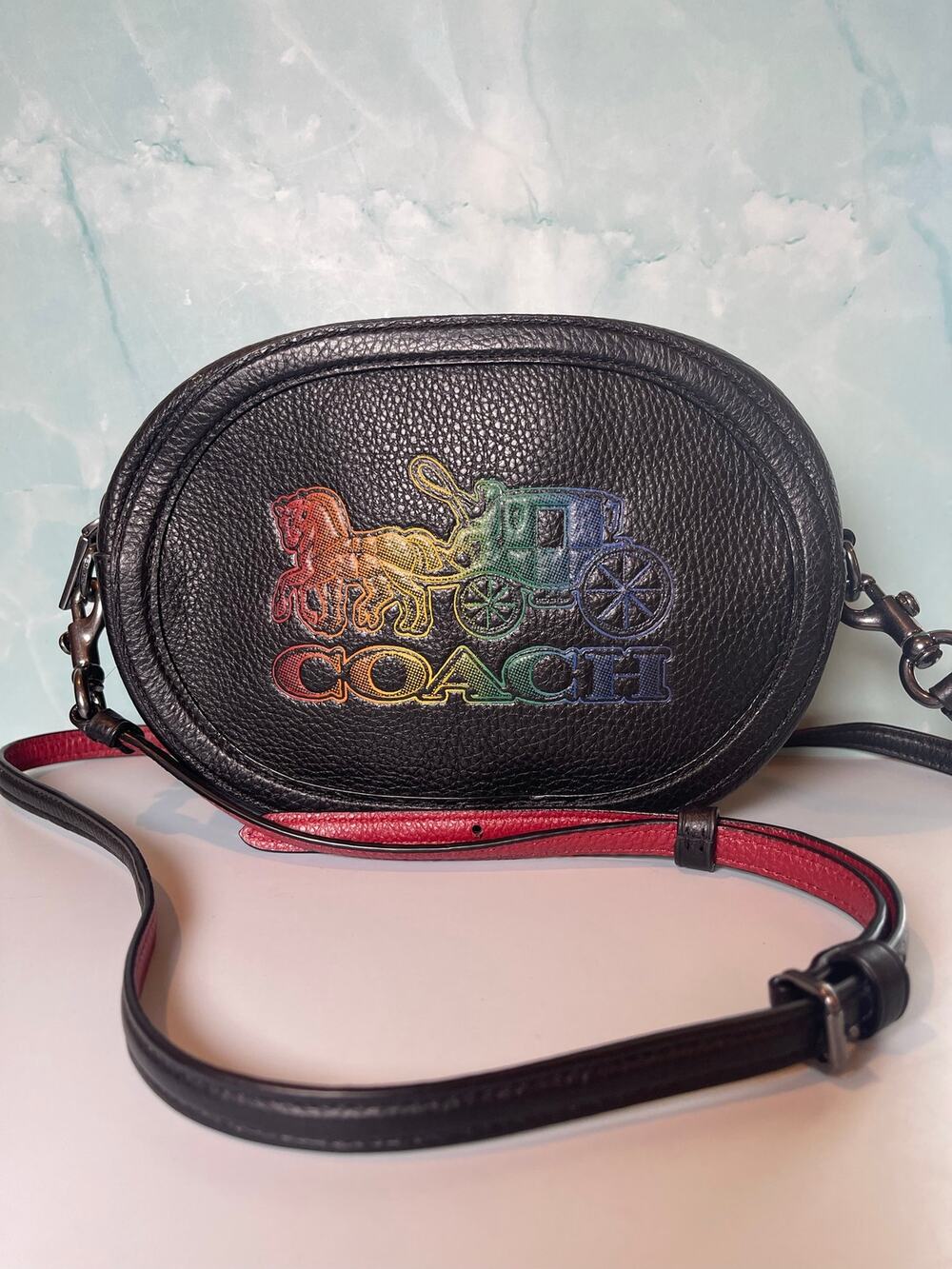 Coach Rainbow Horse & Carriage Camera Bag Black Pebble Leather Crossbody